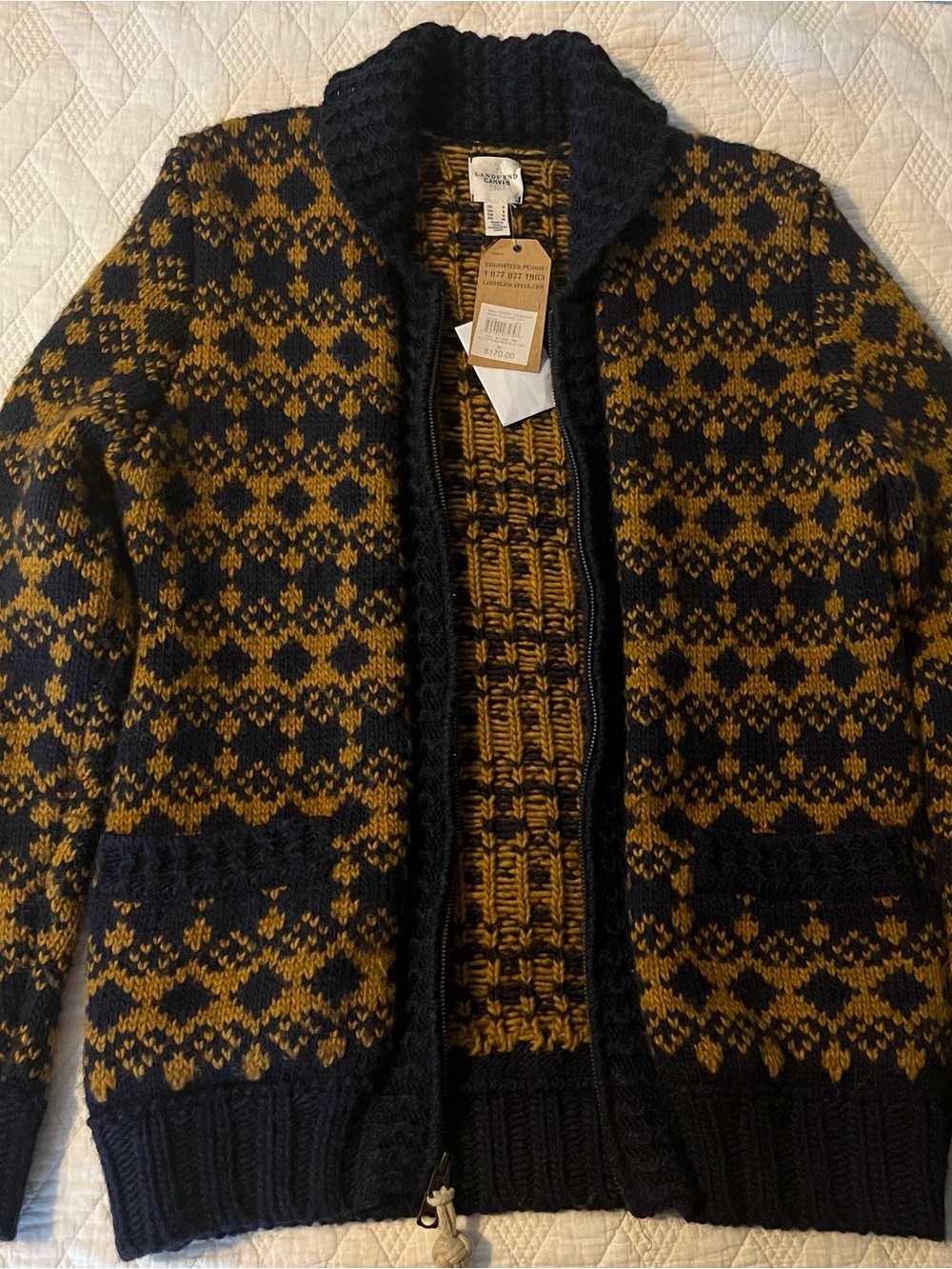 Lands' End Men's Zip-Up Fair Isle Sweater in Navy and Mustard
